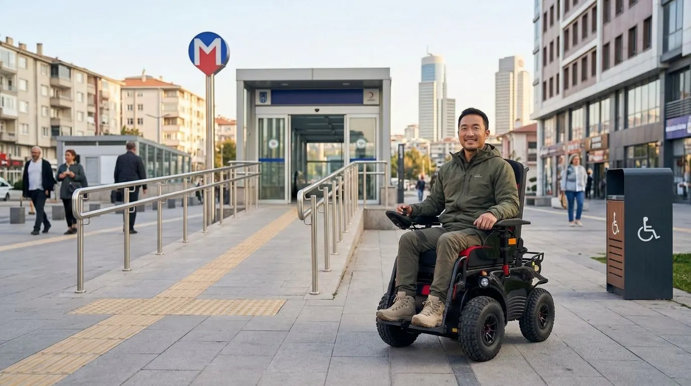 Ankara’da metro girişi ve kaldırım yanında kullanılan arazi tipi akülü tekerlekli sandalye