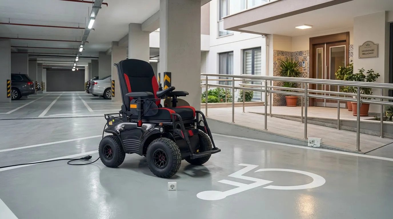 Apartman girişinde ortak alan düzeni içinde güvenli park edilmiş akülü tekerlekli sandalye