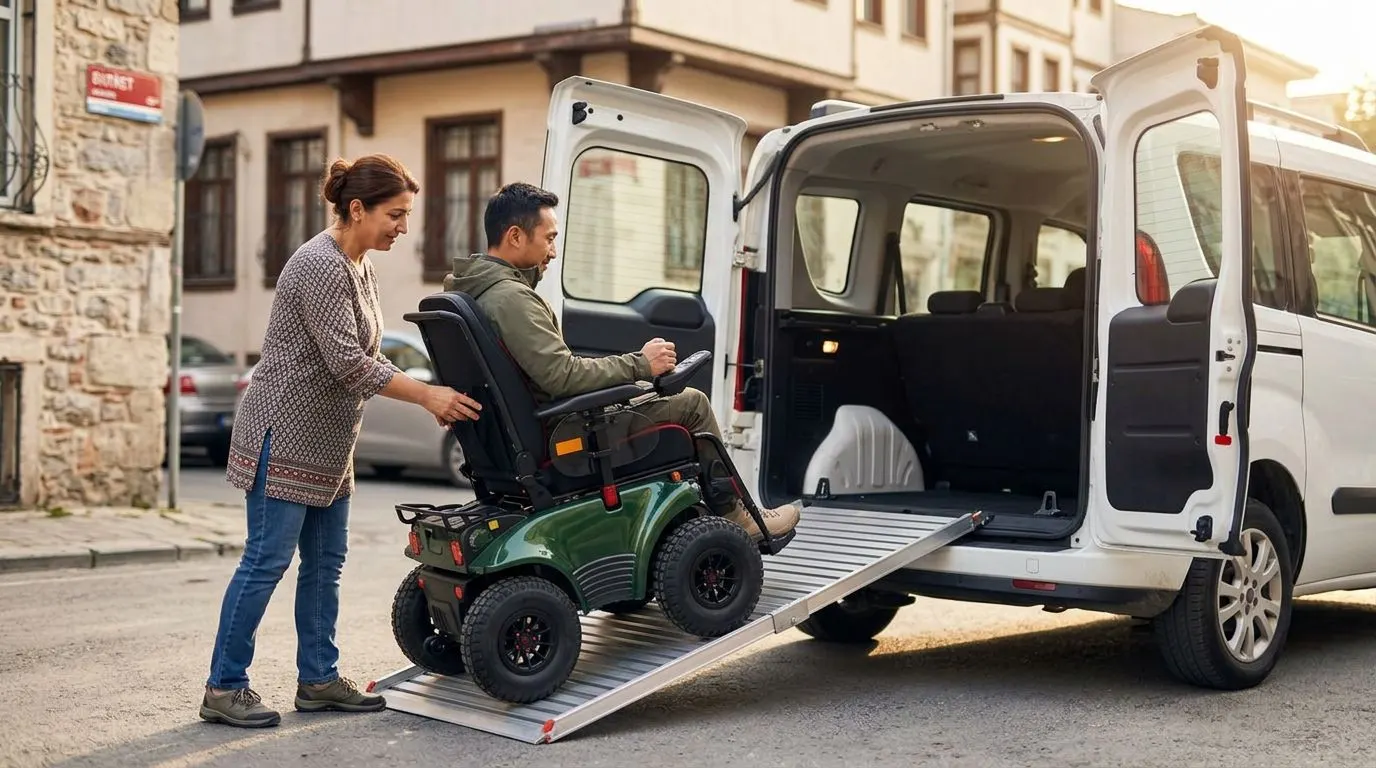 Meyra Optimus 2 akülü tekerlekli sandalyenin hafif ticari araca rampa ile güvenli şekilde yüklenmesi