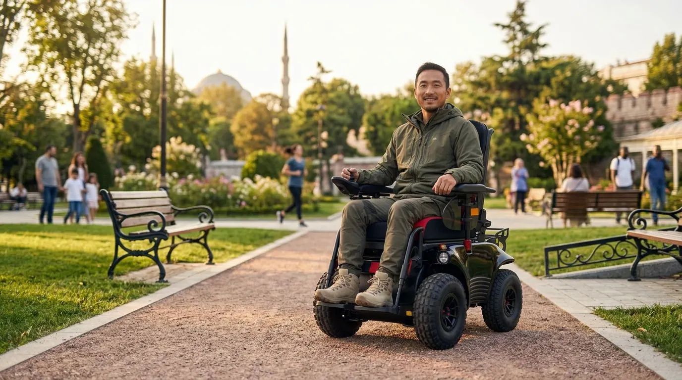 Park yolunda çim ve stabilize zemin yanında kullanılan arazi tipi akülü tekerlekli sandalye