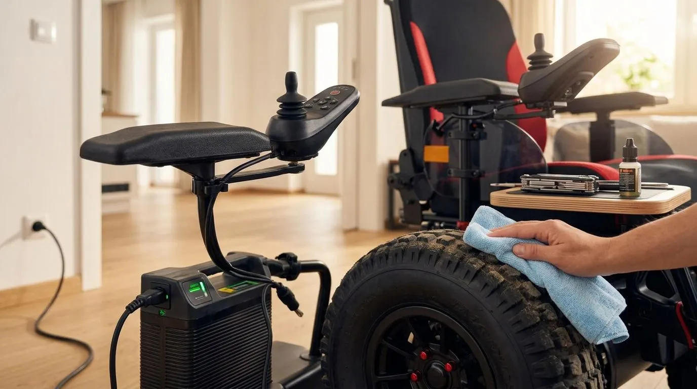Meyra Optimus 2 akülü tekerlekli sandalyede akü, joystick, tekerlek ve temizlik bakımı
