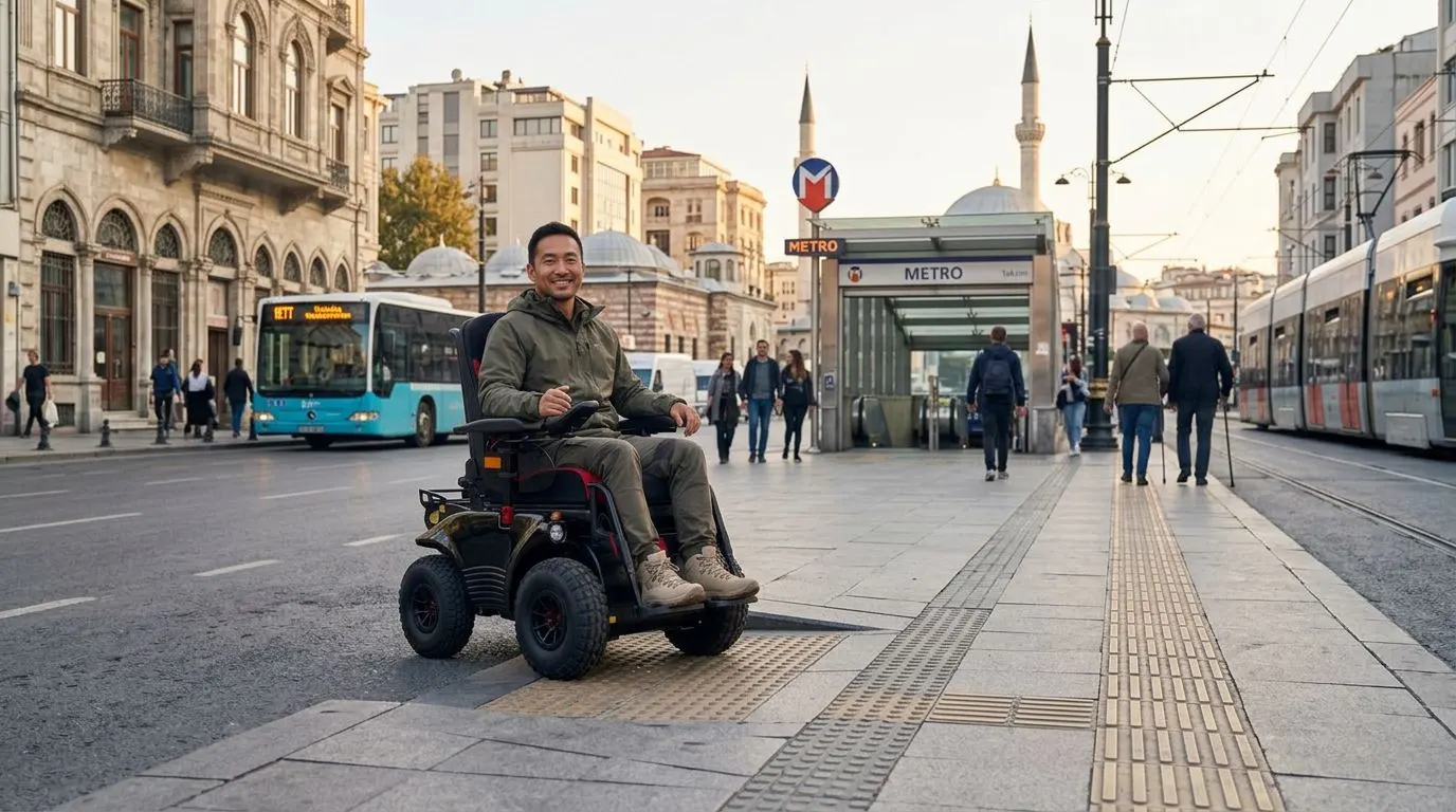 İstanbul’da kaldırım rampası ve metro girişi yakınında kullanılan akülü tekerlekli sandalye