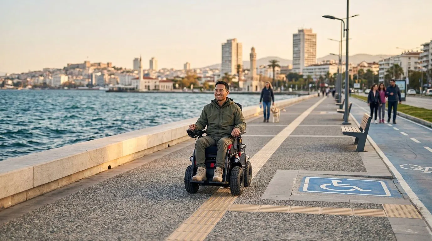 İzmir sahil hattında akülü tekerlekli sandalye kullanan kişi