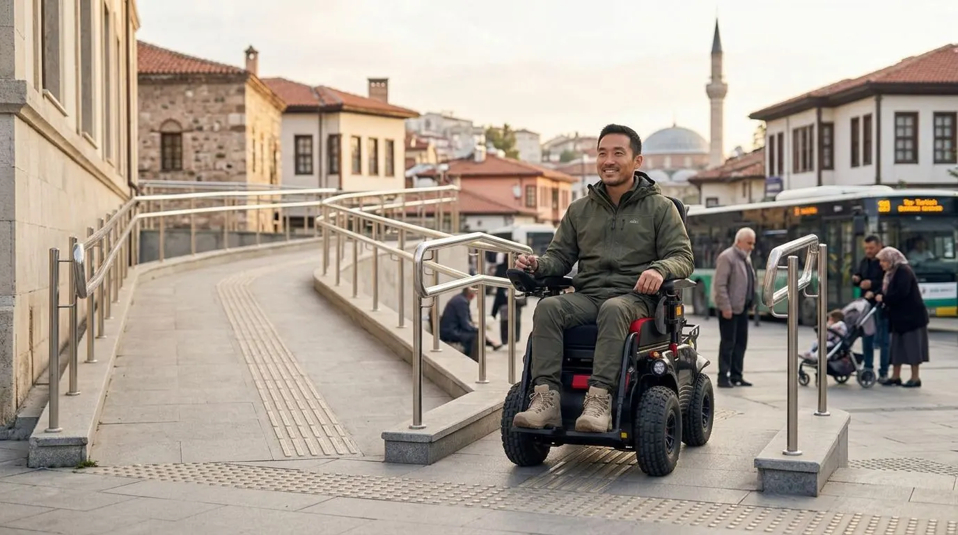 Dış mekanda rampa yanında konumlanan güçlü akülü tekerlekli sandalye