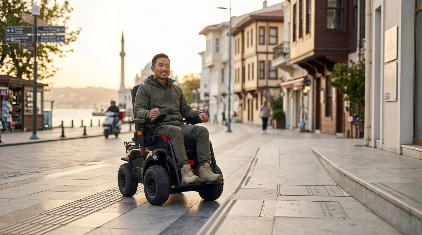 Şehir içinde dış mekan kullanımına uygun güçlü bir akülü tekerlekli sandalye