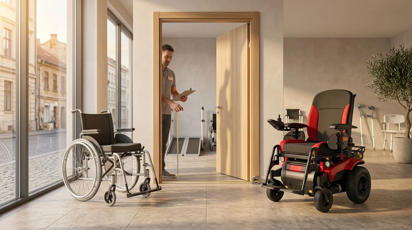 Meyra Optimus 2 ile manuel tekerlekli sandalye karşılaştırmasını gösteren erişilebilir iç mekân görseli