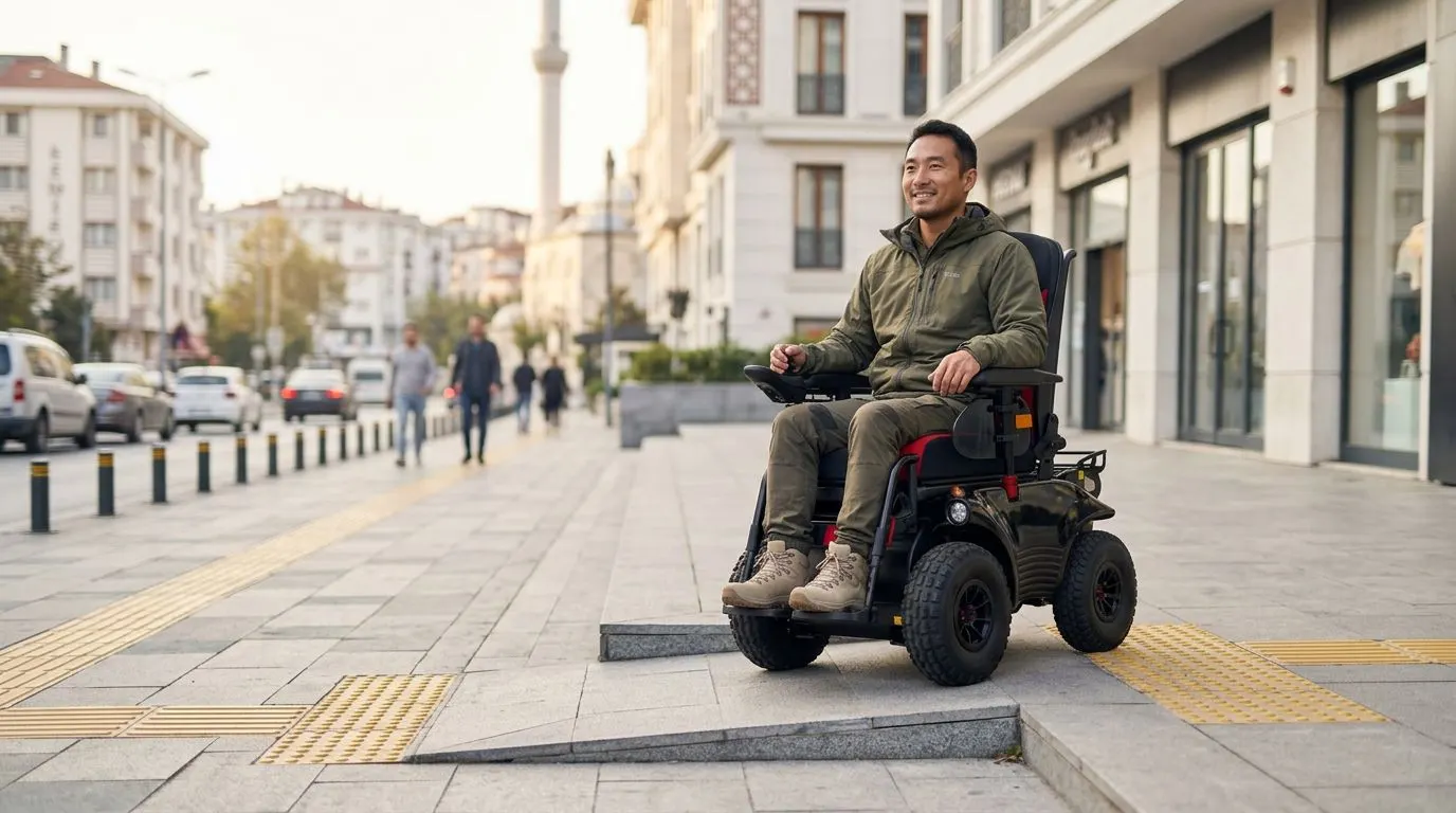 Dış mekan kullanımına uygun güçlü bir akülü tekerlekli sandalye ve erişilebilir şehir rampası