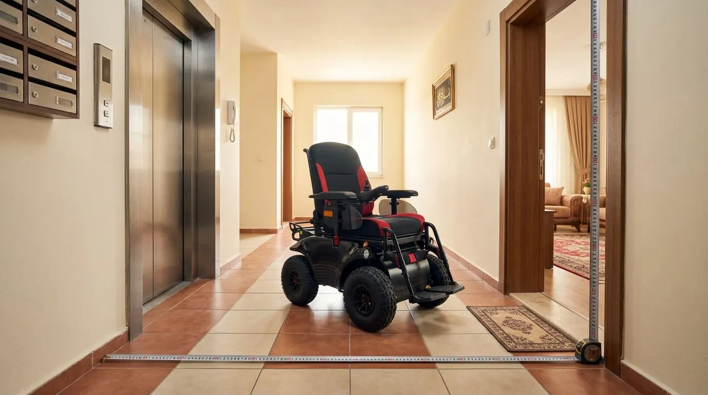 Meyra Optimus 2 ölçüleri için kapı ve asansör uygunluğu kontrol edilen akülü tekerlekli sandalye