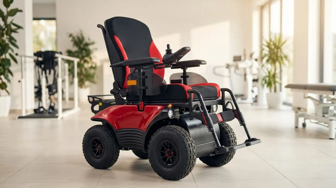 Meyra Optimus 2 oturma pozisyonu ayarı için sırt yüksekliği, koltuk derinliği ve ayaklık kontrolü yapılan akülü tekerlekli sandalye