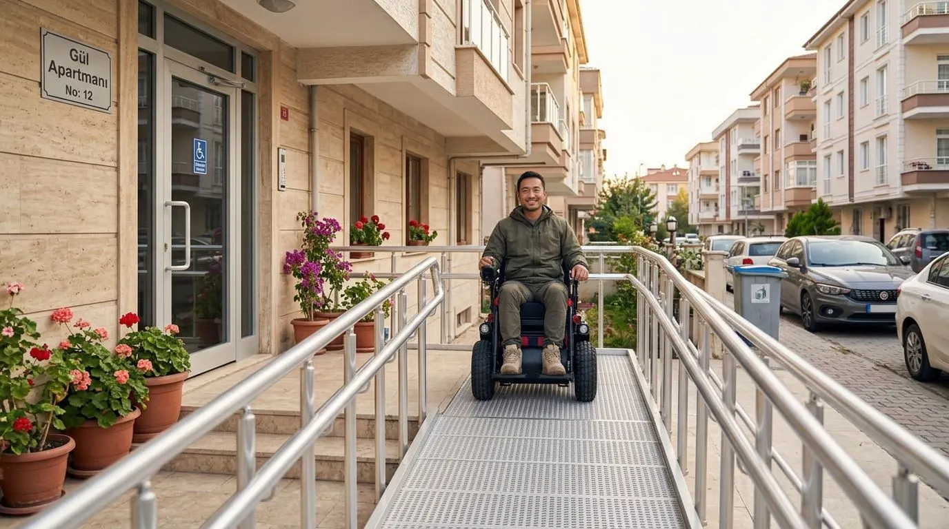 Meyra Optimus 2 için apartman girişinde alüminyum engelli rampası ölçümü