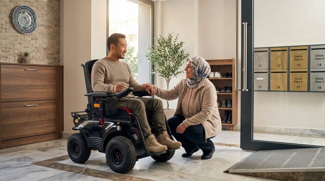 Meyra Optimus 2 akülü tekerlekli sandalye ile refakatçi desteğini gösteren güvenli kullanım sahnesi