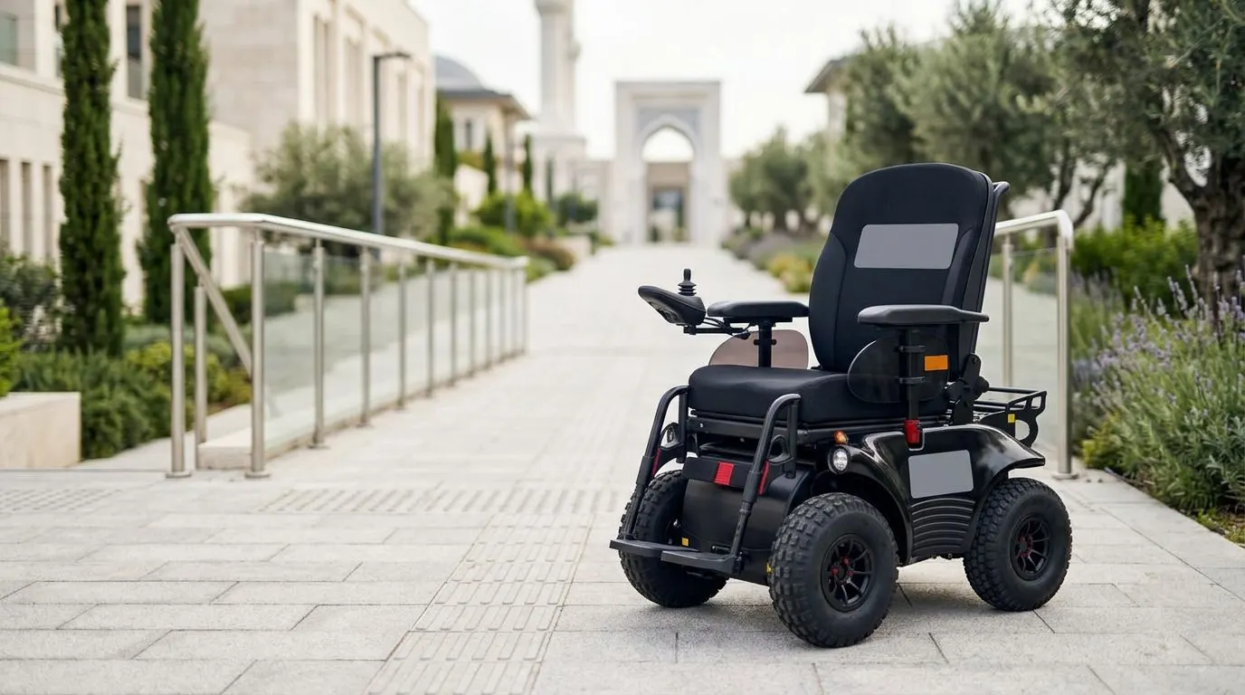 Dış mekan kullanımına uygun Meyra Optimus 2 akülü tekerlekli sandalye teknik detaylarını gösteren görsel