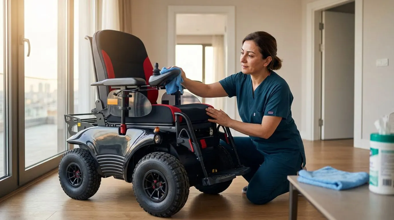 Meyra Optimus 2 akülü tekerlekli sandalyede koltuk ve joystick temizliği yapan kişi