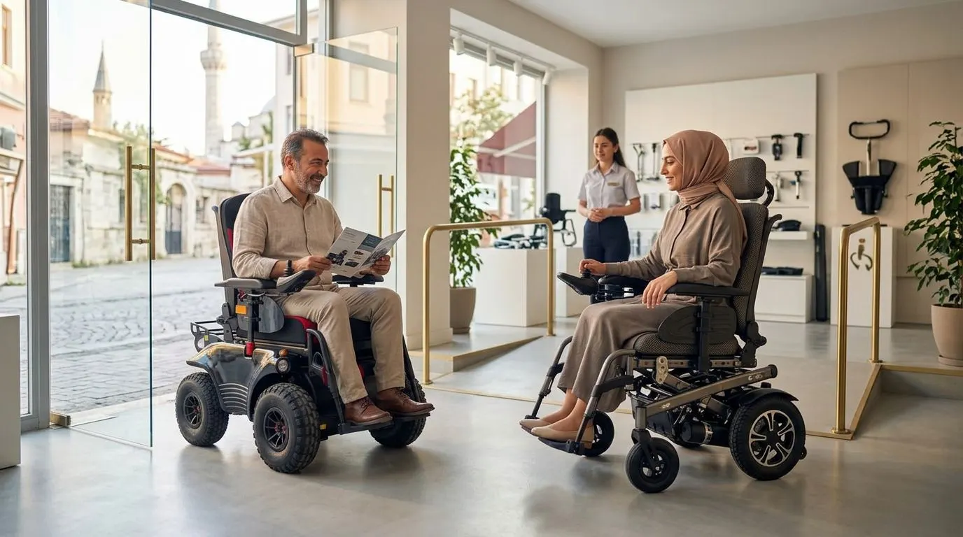 Erişilebilir bir showroomda iki akülü tekerlekli sandalye modelinin karşılaştırılması