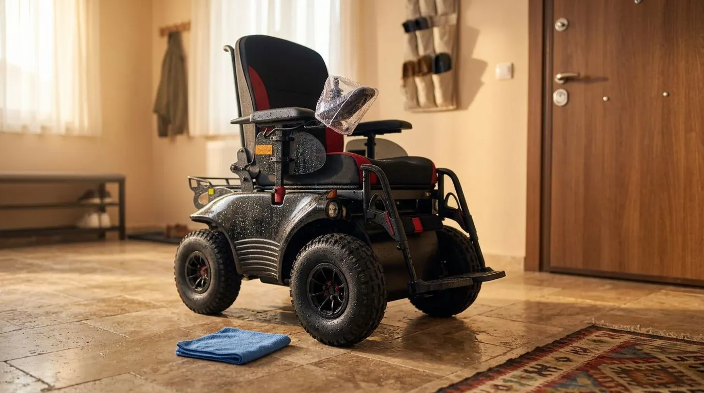 Yağmur sonrası kurutulan Meyra Optimus 2 akülü tekerlekli sandalye ve joystick koruma kılıfı
